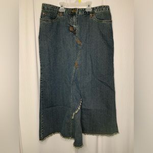 Snazzie Denim Maxi Skirt Medium Blue Wash Pockets A-line Cut Fringe Hem